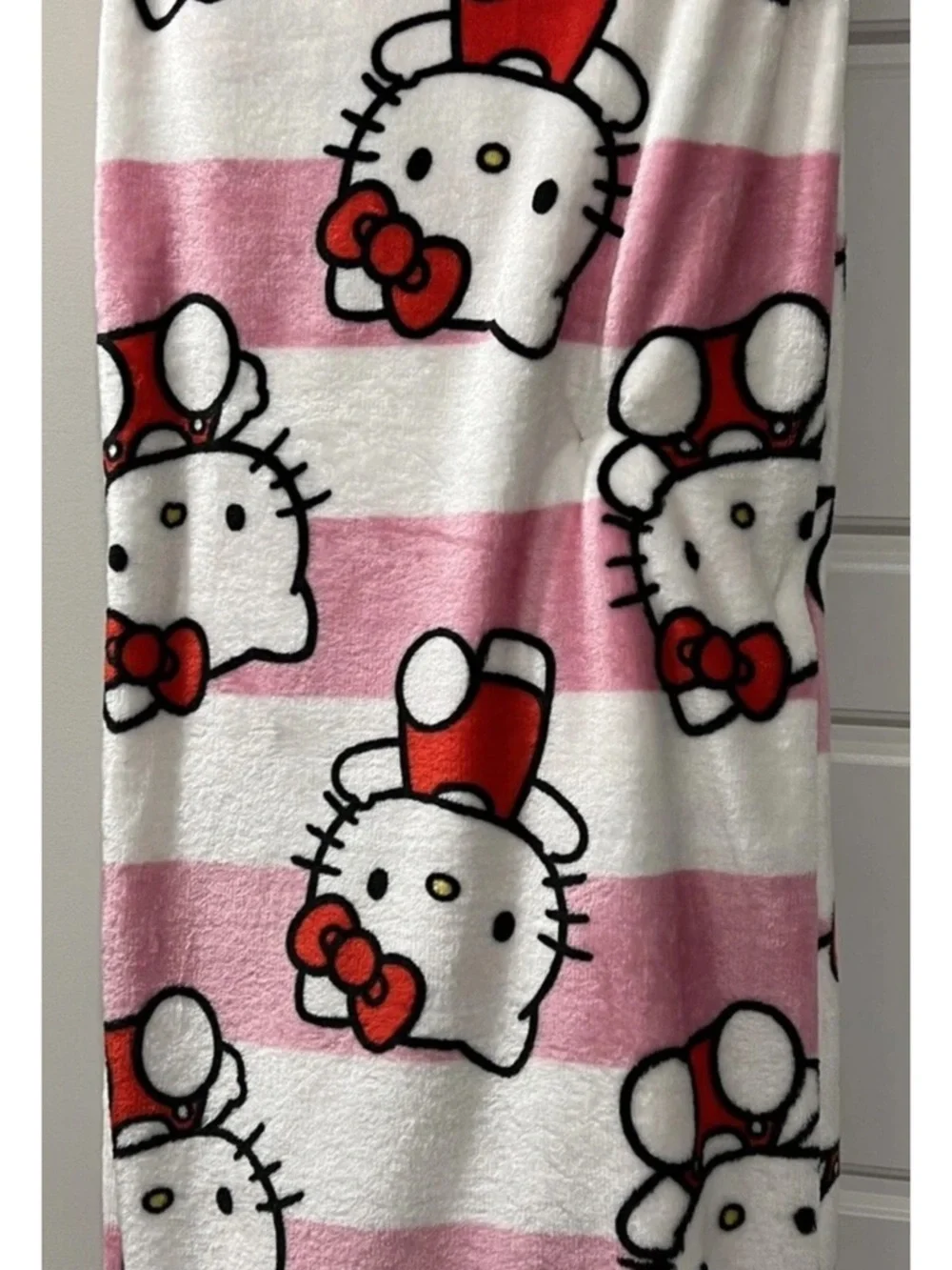 Hello Kitty Pink White Striped Plush Throw Blanket with Red Accents